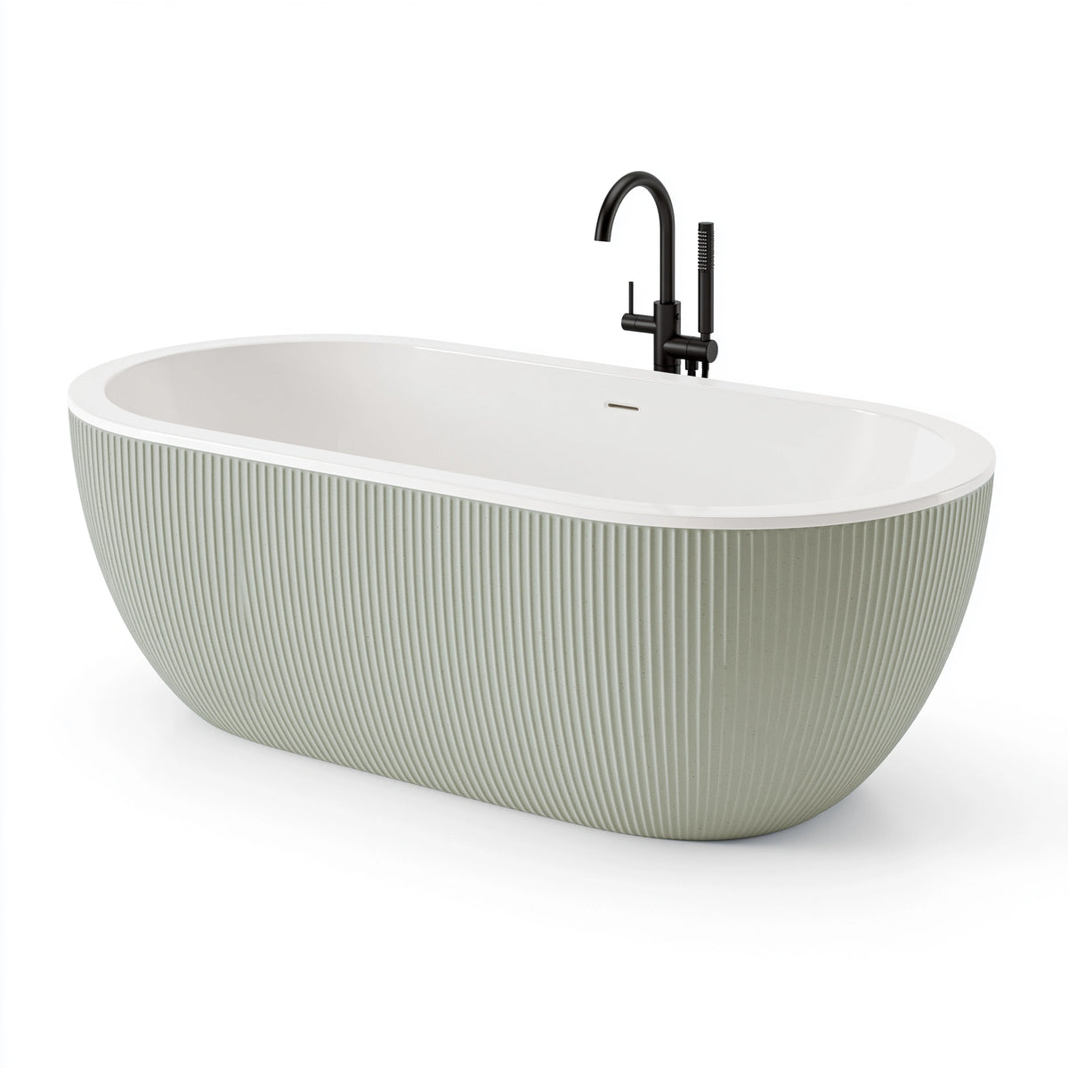 Freistehende Badewanne 170 x 75 x 58 cm aus Mineralguss in Weiß/Salbeigrün - oval geriffelt