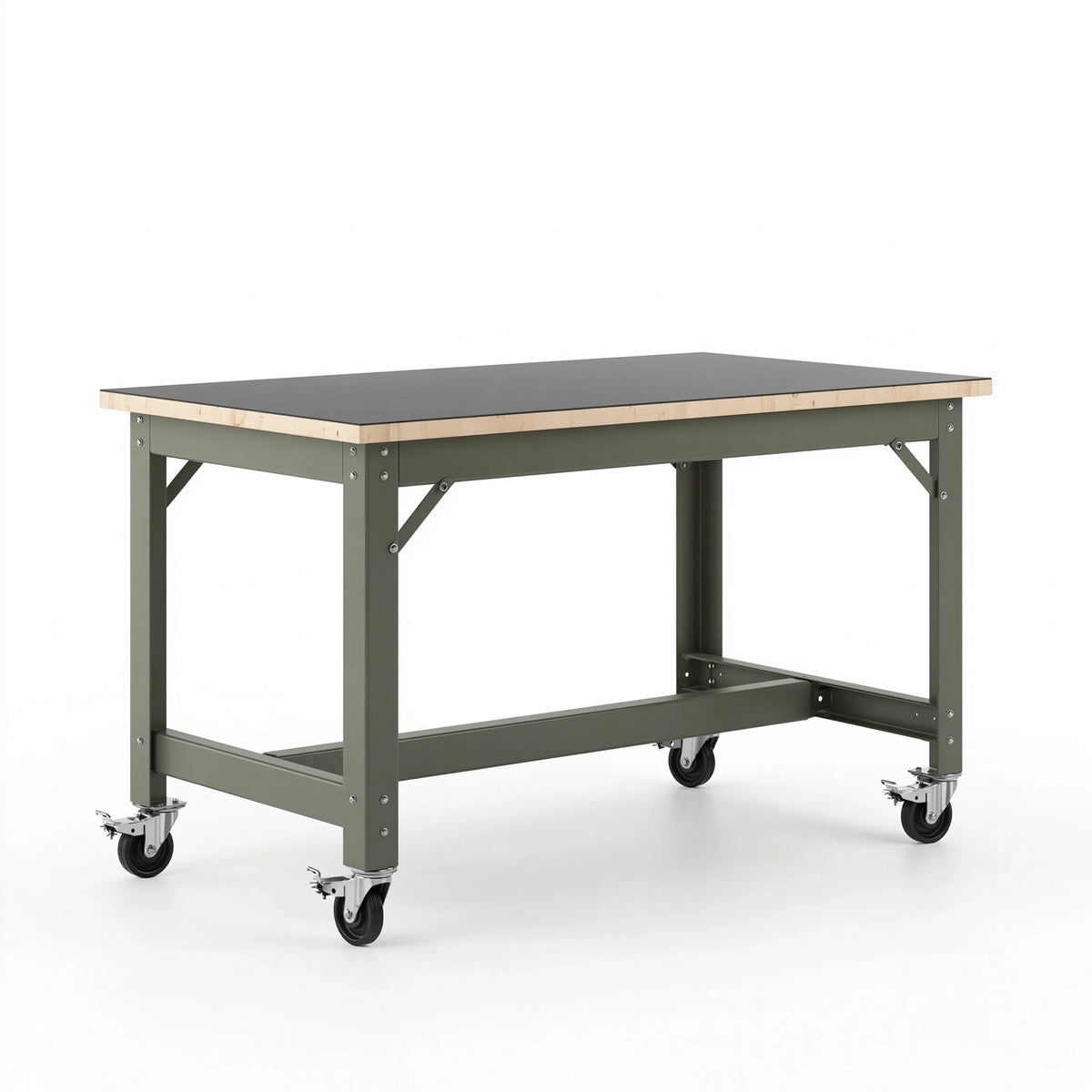 Werkbank 152 cm aus Stahl und Holzwerkstoff in Olivgrün Schwarz mit Rollen