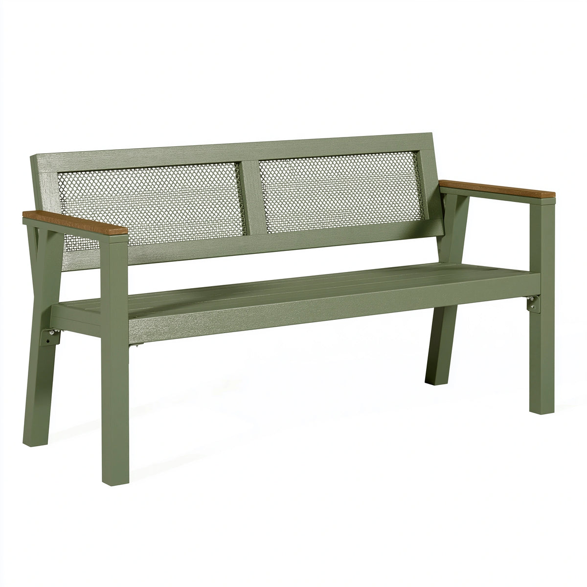 Gartenbank 122 x 61 x 88 cm aus Stahl und Holz Grün - Sitzbank mit Netzrückenlehne