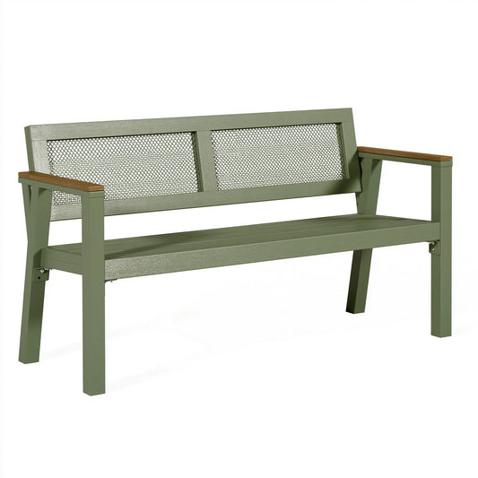 Gartenbank 122 x 61 x 88 cm aus Stahl und Holz Grün - Sitzbank mit Netzrückenlehne