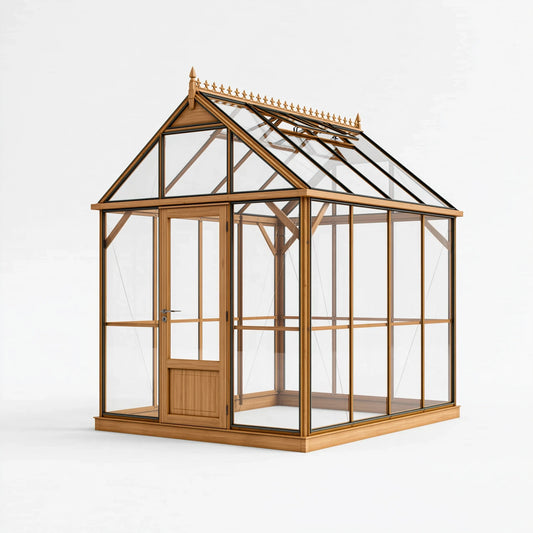 Gewächshaus 300 x 250 x 300 cm aus Holz und Glas natur - viktorianischer Stil mit Drehtür