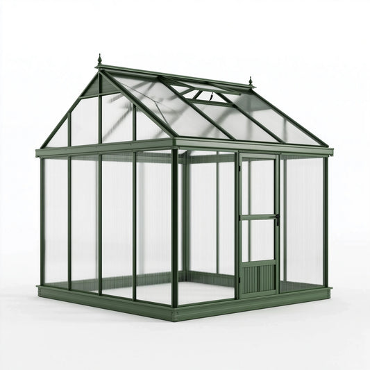 Gewächshaus 300 x 300 x 260 cm Grün mit Metallrahmen und transparenten Kunststoffplatten - Viktorianischer Stil mit Dachfenster