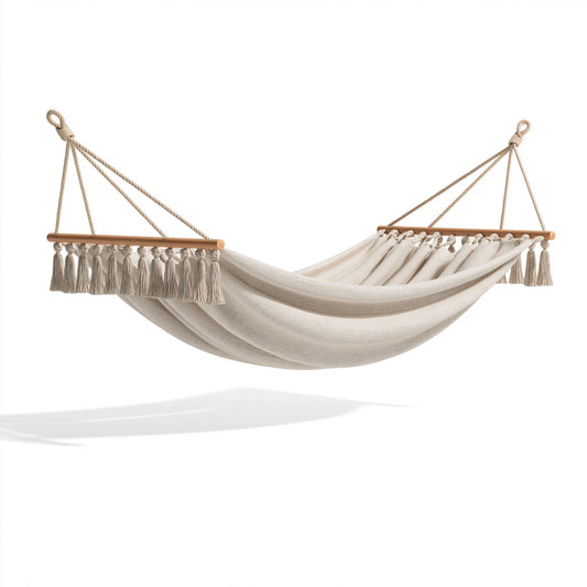 Hängematte 200 x 100 cm Baumwolle Beige mit Holzspreizstäben Boho
