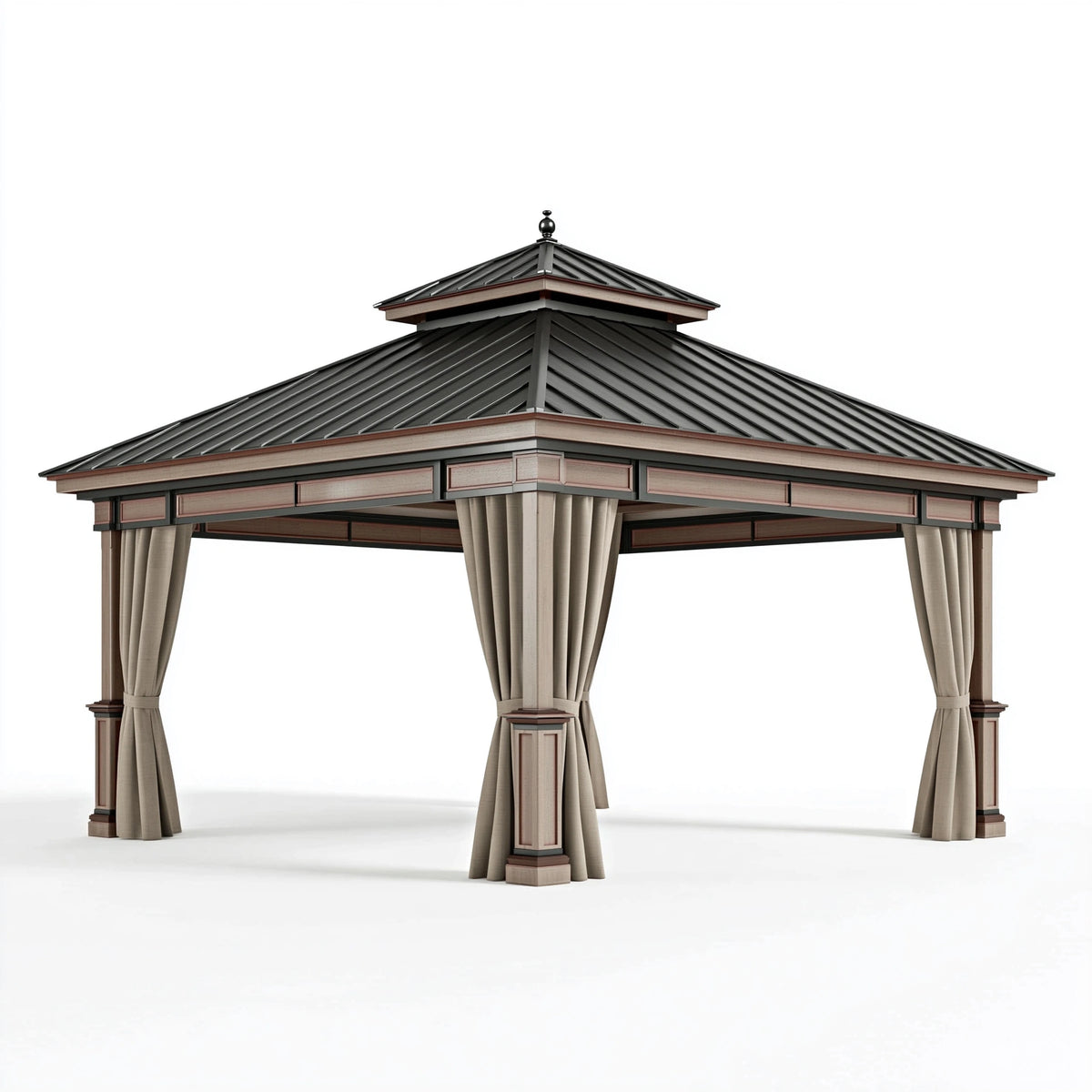 Gartenpavillon 300 x 300 x 300 cm aus Metall in Schwarz Beige mit Vorhängen