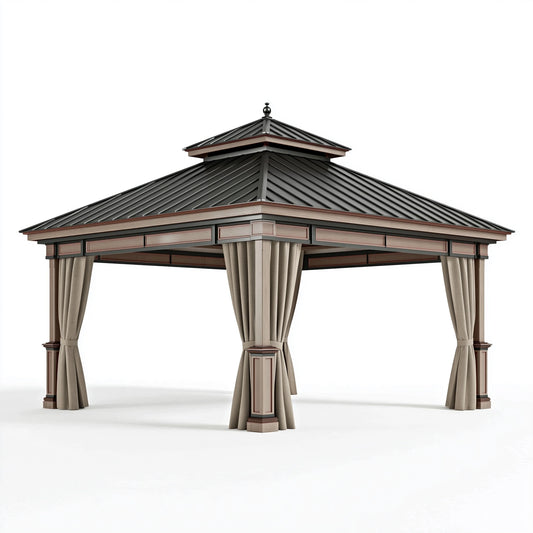 Gartenpavillon 300 x 300 x 300 cm aus Metall in Schwarz Beige mit Vorhängen
