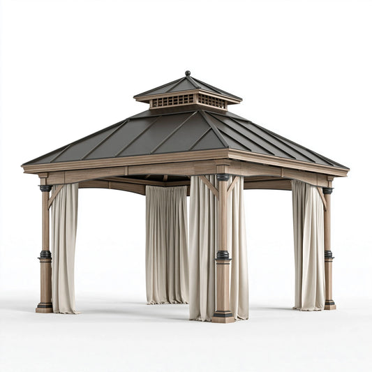 Gartenpavillon 400 x 400 x 330 cm Holz Metall Anthrazit mit Vorhängen