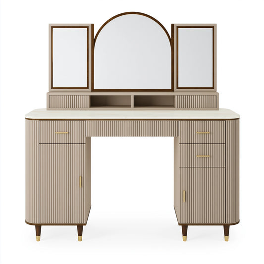 Schminktisch-Set 120 x 45 x 180 cm Holzwerkstoff Beige mit Spiegeln geriffeltes Design