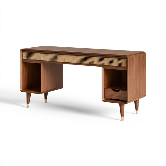 Schreibtisch 140 x 60 x 76 cm Holzoptik Braun mit Rattangeflecht Retro Stauraum