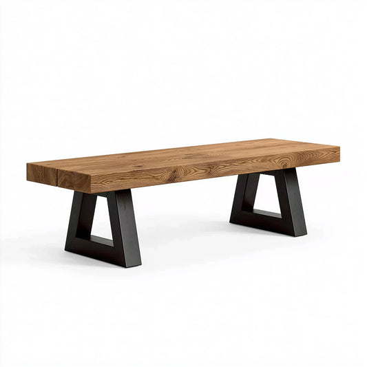 Sitzbank 180 x 40 x 45 cm aus Holz in Naturbraun mit schwarzem Metallgestell im Industrial Stil