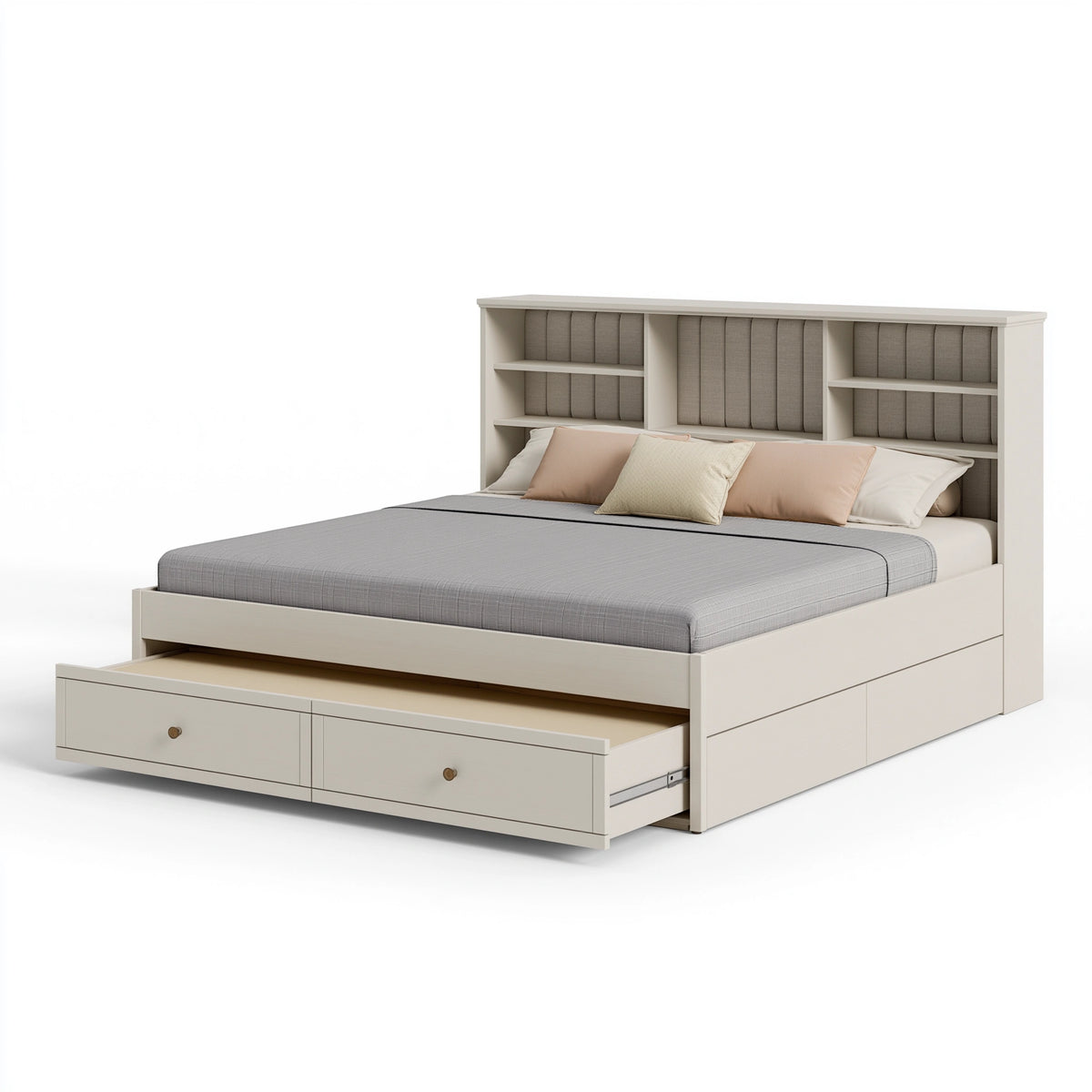 Stauraumbett 160 x 200 cm aus Holzwerkstoff in Weiß mit Regal-Kopfteil und Schubladen