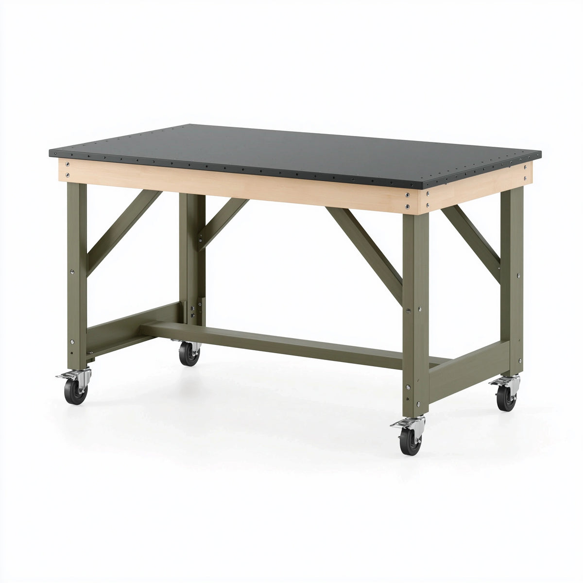 Werkbank 150 x 75 x 90 cm Holz Metall Schwarz Naturgrün mit Rollen