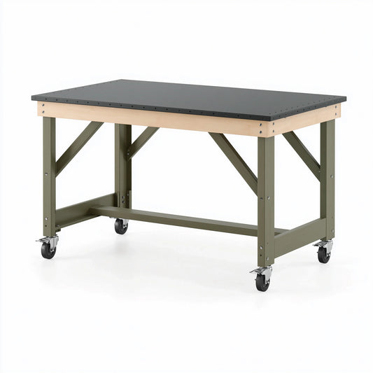 Werkbank 150 x 75 x 90 cm Holz Metall Schwarz Naturgrün mit Rollen