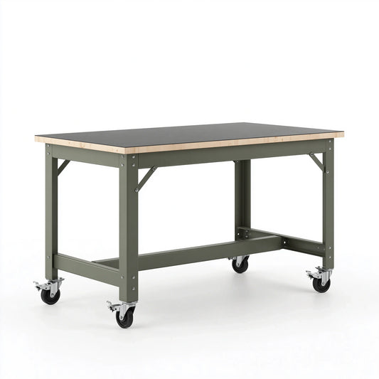 Werkbank 152 cm aus Stahl und Holzwerkstoff in Olivgrün Schwarz mit Rollen