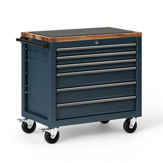 Werkzeugwagen 86 x 46 x 96 cm Stahl Holz Dunkelblau rollbar mit 6 Schubladen