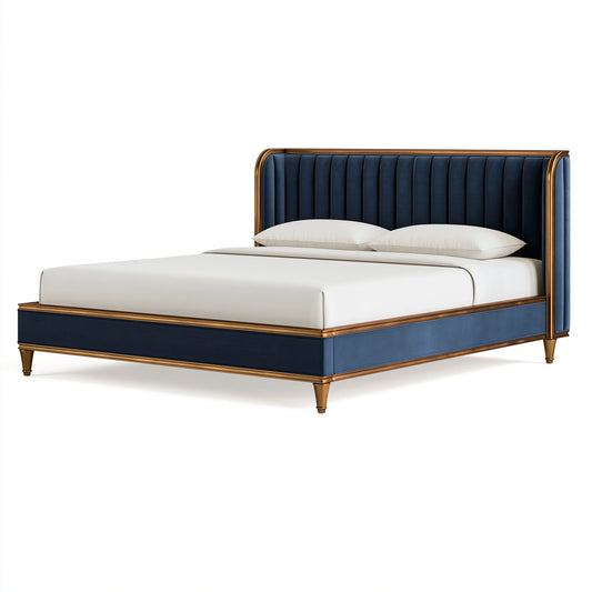 Polsterbett 180 x 200 cm Blau Gold Stoffbezug mit geripptem Kopfteil