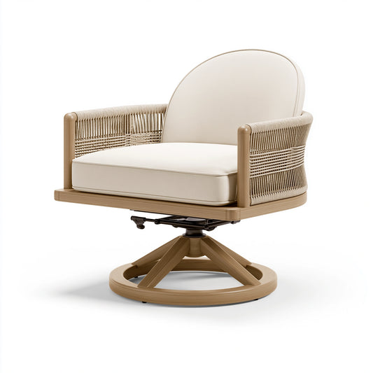 Drehsessel 75 cm Holz und Seilgeflecht Beige - gepolsterter Loungesessel mit Drehfunktion