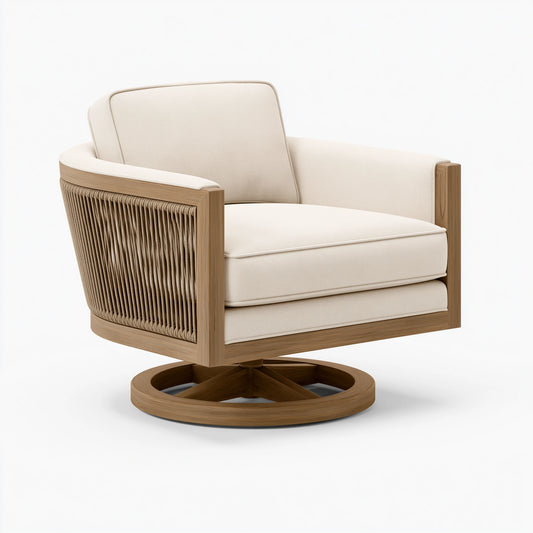 Drehsessel 82 x 86 x 88 cm Beige Naturholz mit Textilbezug und Seilgeflecht